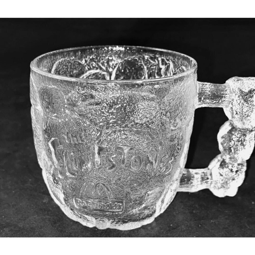 McDonald's Flintstones Mug Clear RocDonalds Glass Rocky Handle Vintage